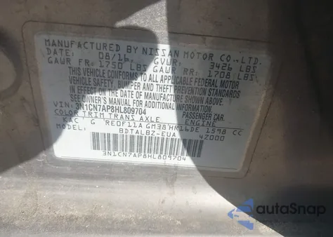 2017 Nissan Versa 1.6 Sv из США, поврежденный, VIN 3N1CN7AP8HL809704